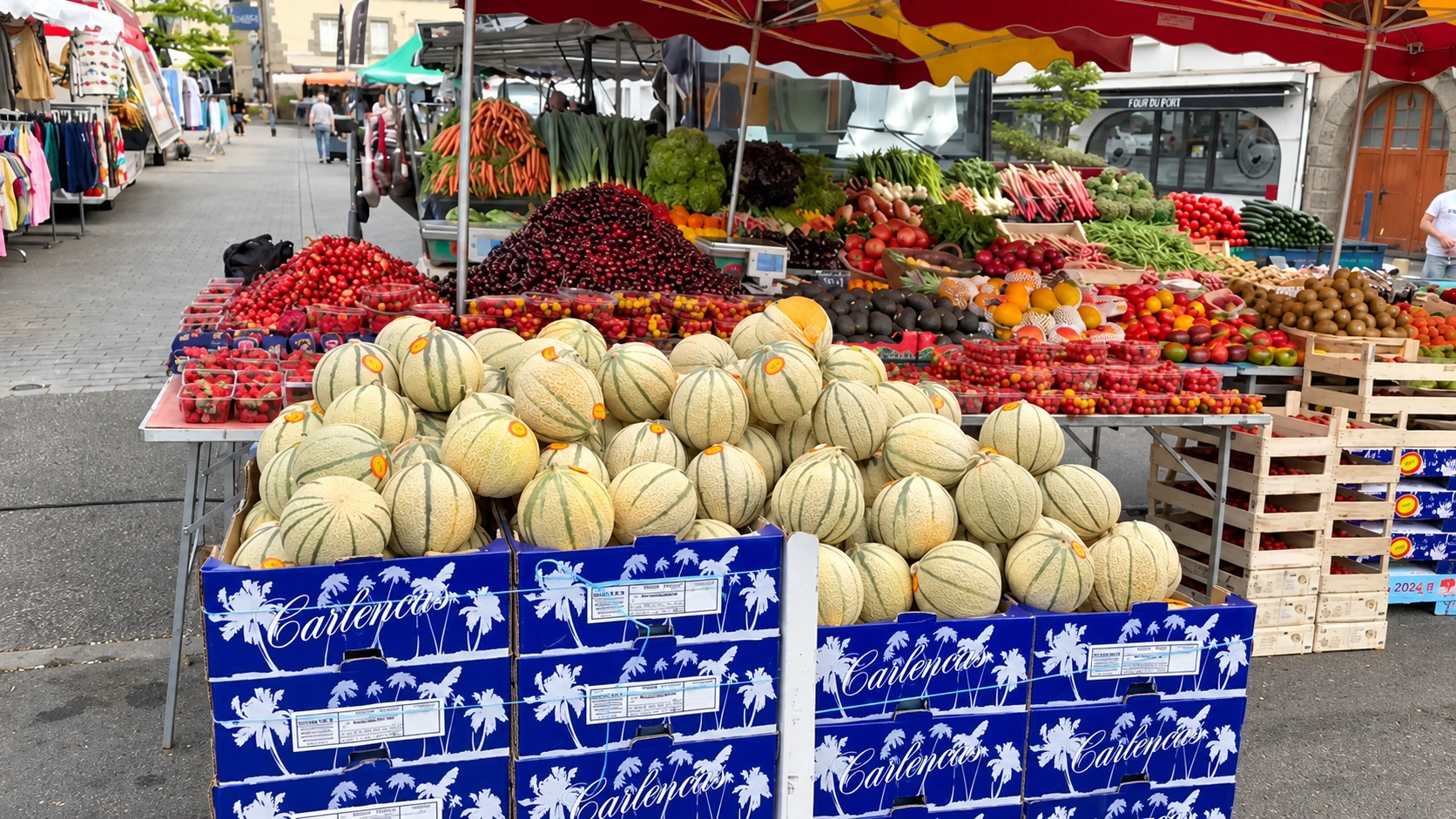 Étal de fruits et légumes avec melons, tomates et légumes