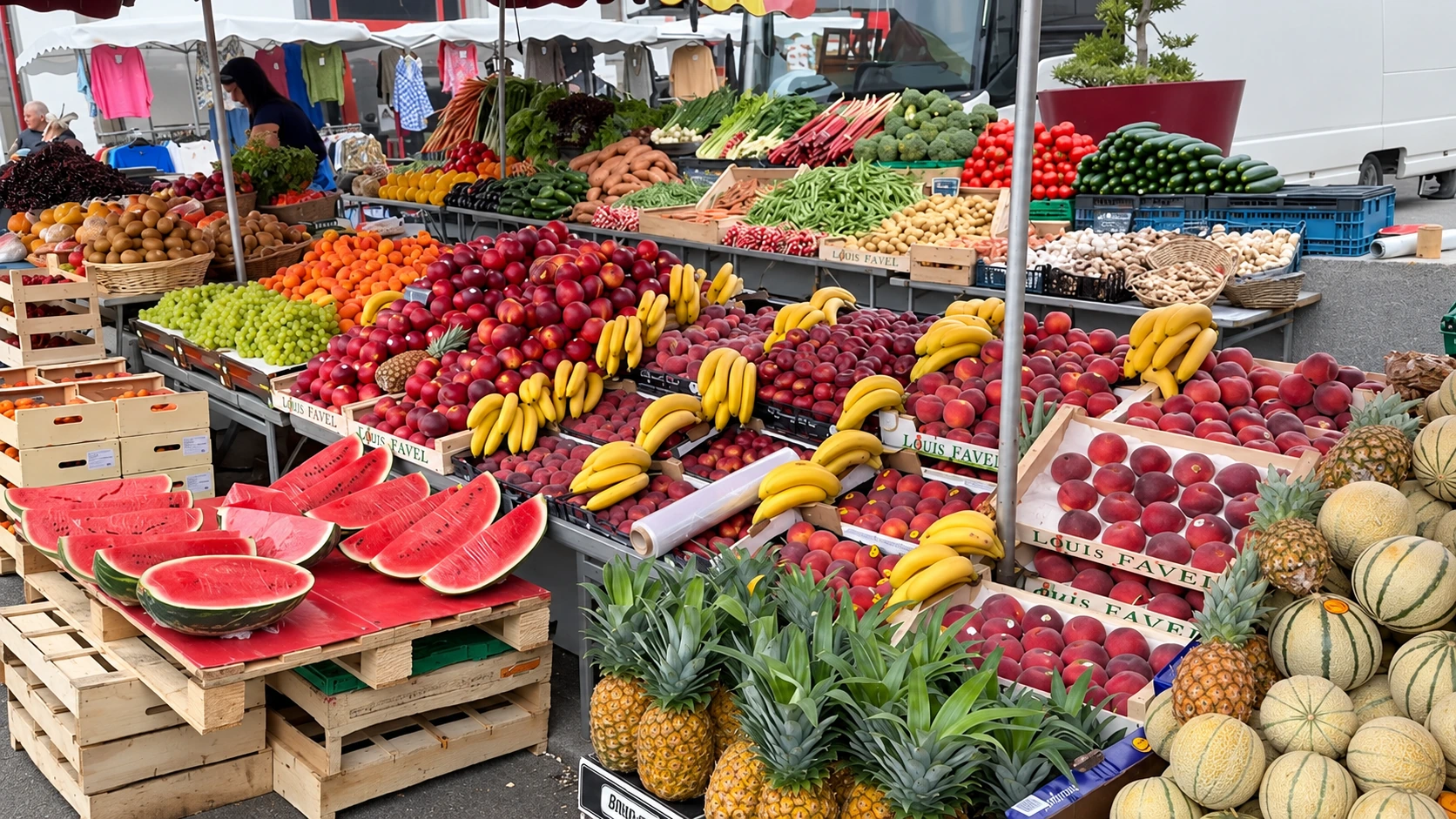 Étal coloré de fruits et légumes sur un marché